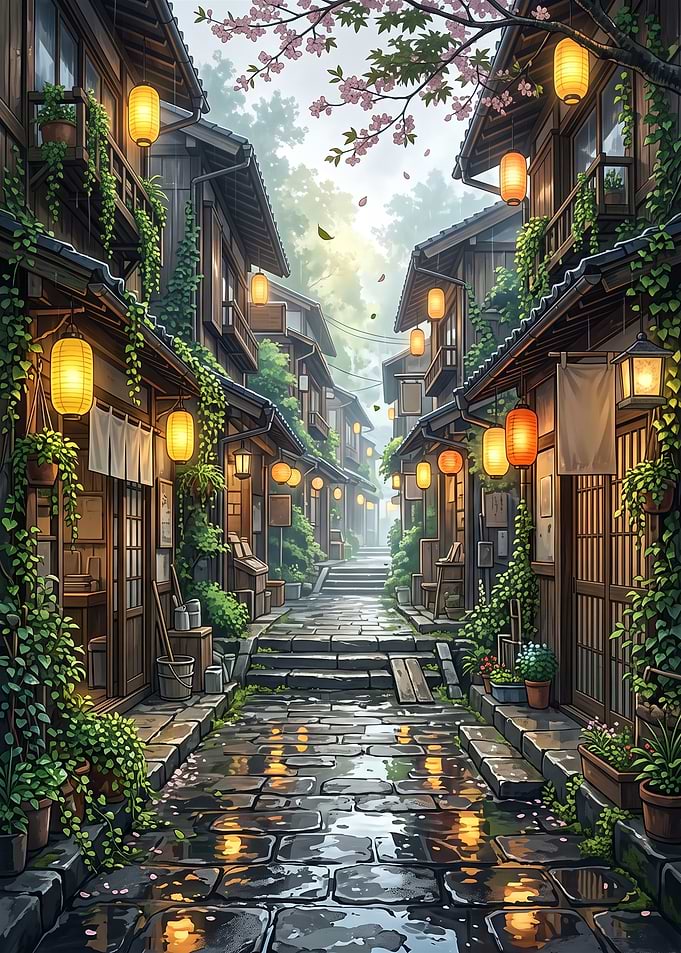 Rainy Japanese Street with Lanterns