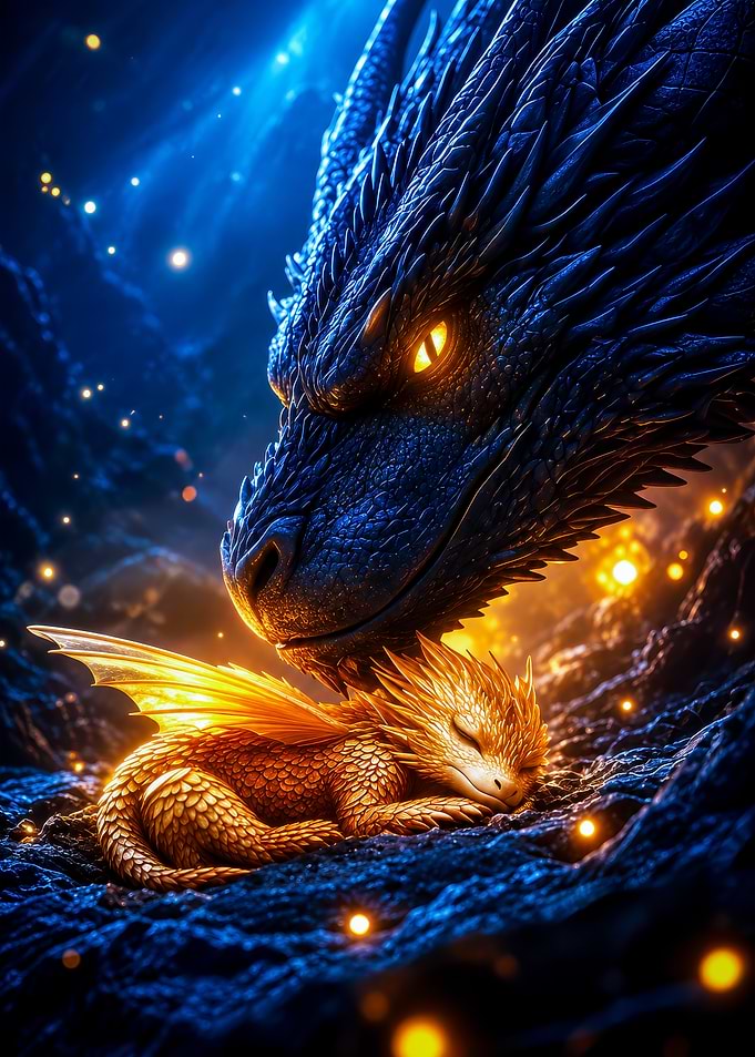 Large Dragon Watching Over Sleeping Hatchling
