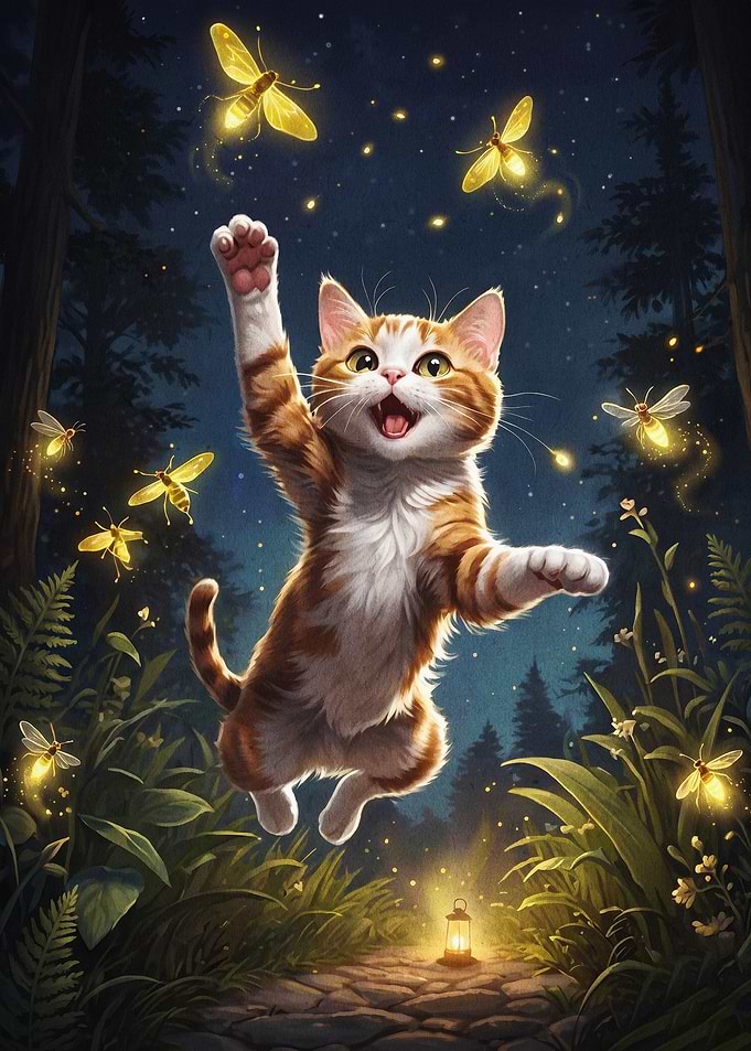 Cat Fireflies Night Magical Art