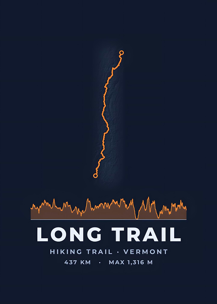 Long Trail Hiking Trail Map Midnight Blue Print
