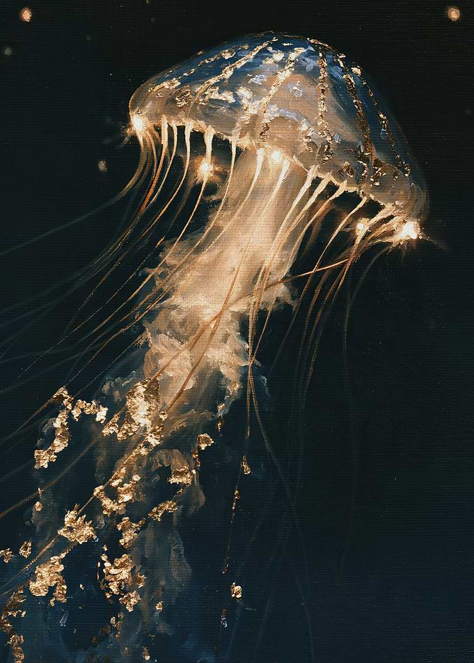 Jellyfish with Golden Tentacles in Deep Navy Water, Dark Marine Painting
