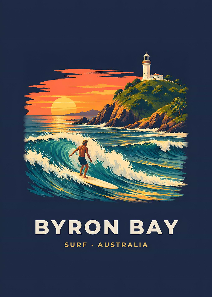 Byron Bay Vintage Surf Poster Lighthouse Sunset