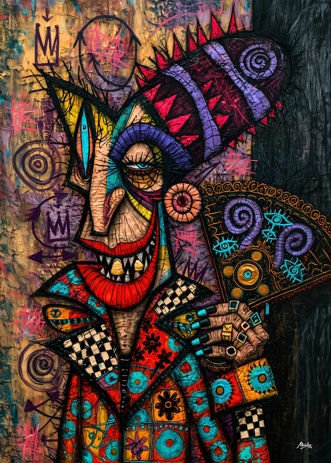 Gilded Fan Trickster - Grotesque Surreal Portrait
