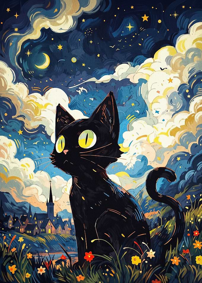 Starry Black Cat Night Art Poster