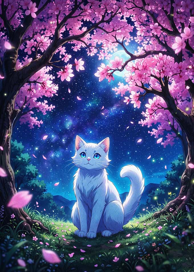 Magical Cat Cherry Blossom Art