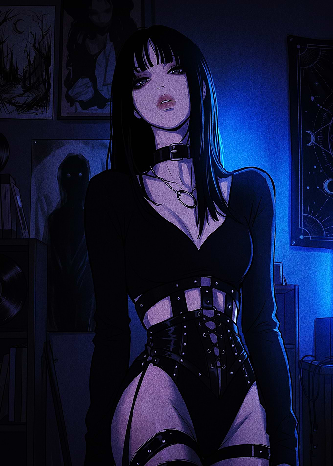 Gothic Anime Girl in Dark Room