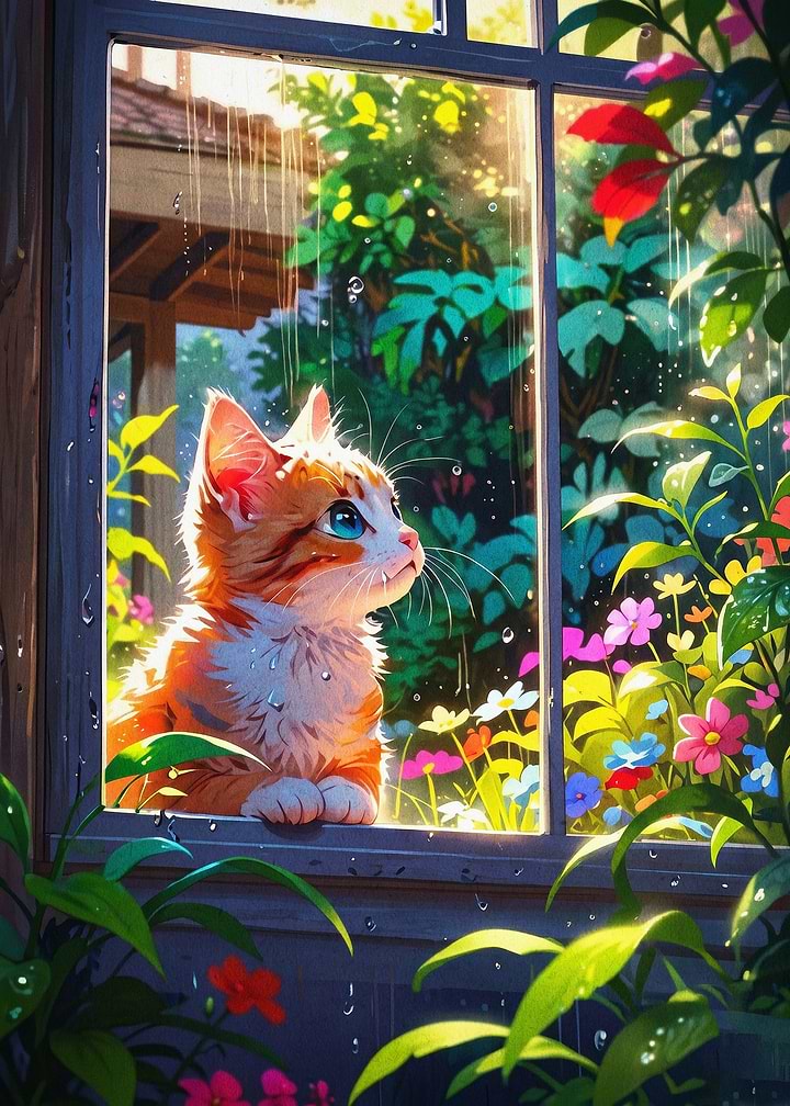 Ginger Cat Rainy Window Cute Art