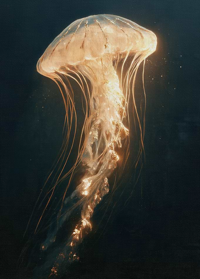 Glowing Amber Jellyfish Floating in the Dark Sea, Bioluminescent Art