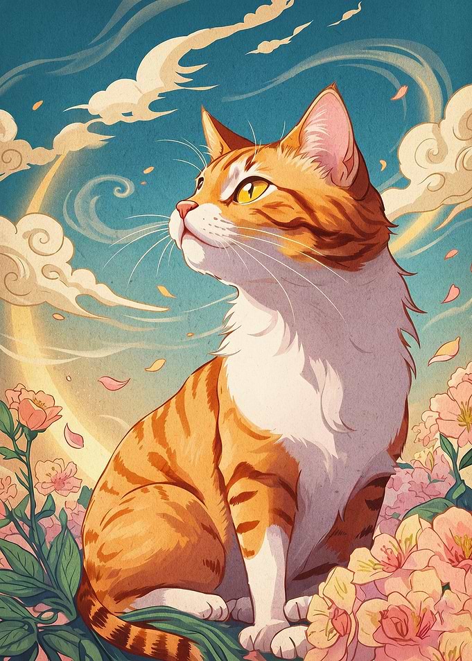 Tabby Cat Moon Floral Anime Art
