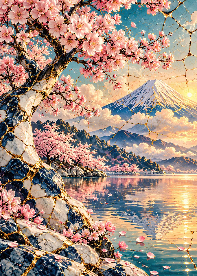 Kintsugi Cherry Blossom Mountain Landscape