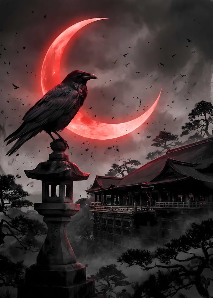 Raven Perched Before Red Crescent Moon