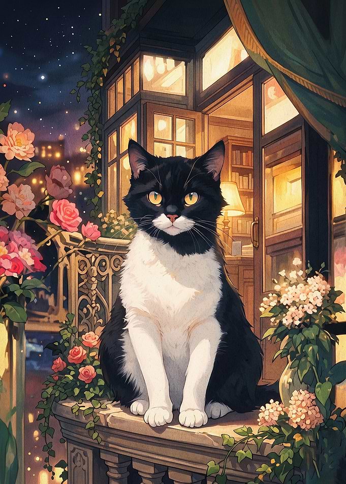 Cat Balcony Night Cozy Art Poster