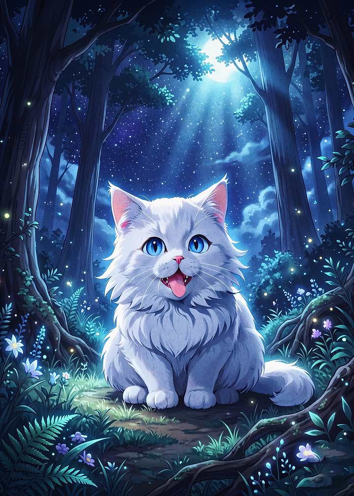 White Cat Forest Night Fantasy Art