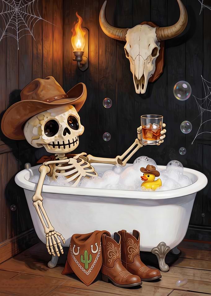 Cowboy Skeleton Relaxing in Bathtub