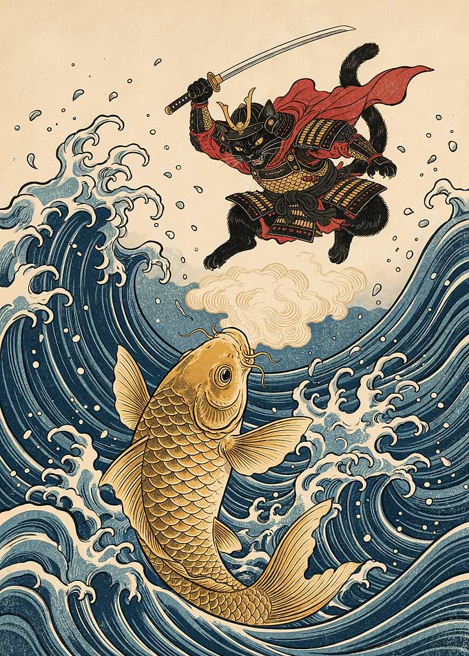 Samurai Cat Fighting Golden Koi
