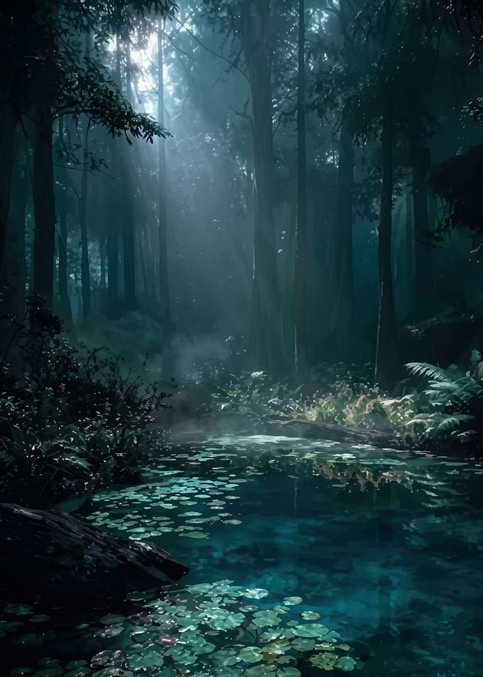 Mystical Forest Pond with Lily Pads