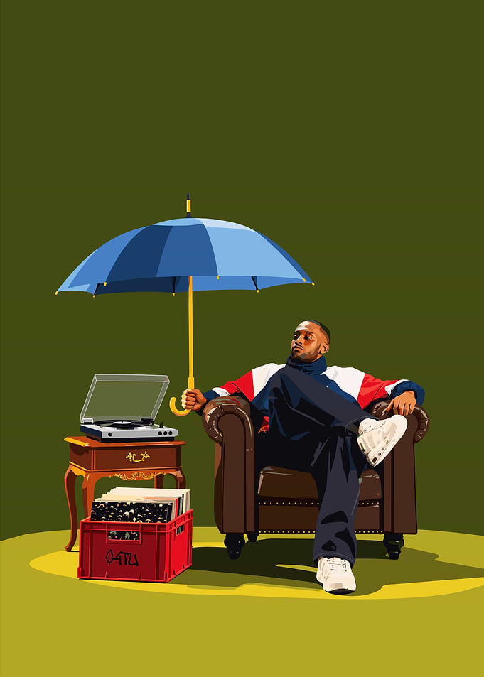 Man Relaxing with Vinyl Records