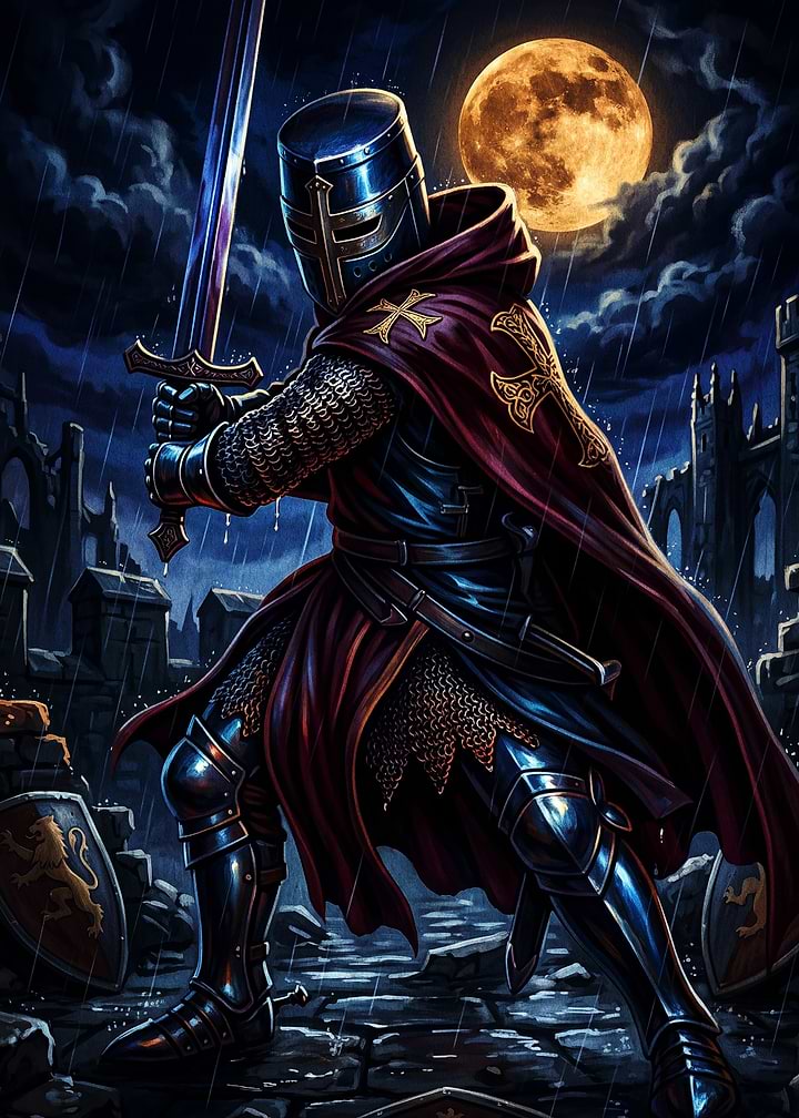 Knight in Armor Under Full Moon