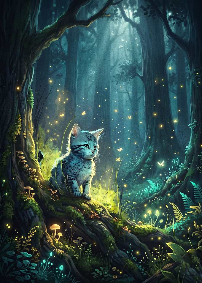 Magical Forest Cat Fantasy Art