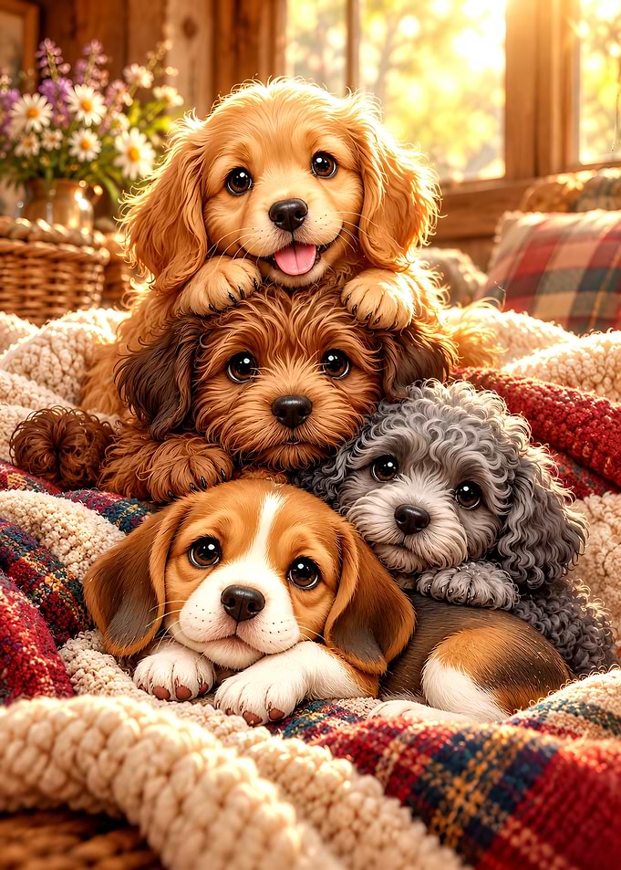 Three adorable puppies cuddling together