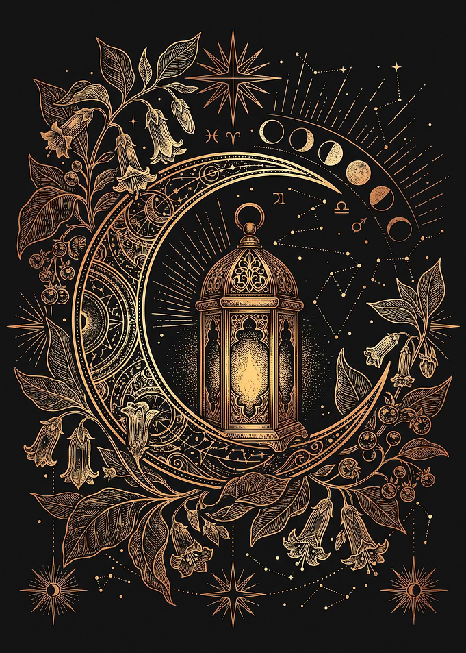 Celestial Lantern and Crescent Moon Illustration