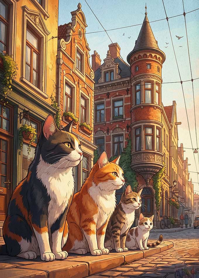 European City Cats Town Art Poster