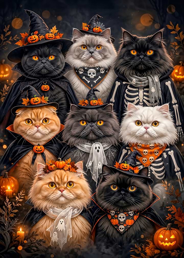 Group of Cats Dressed for Halloween