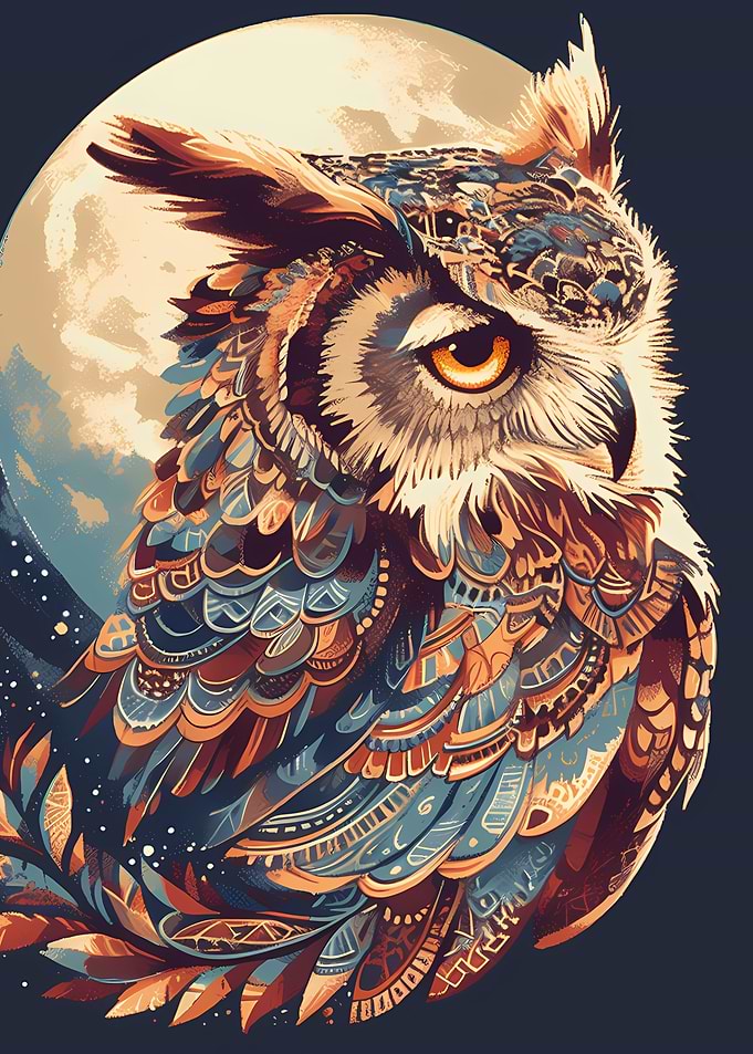 Ornate Tribal Owl Under Full Moon