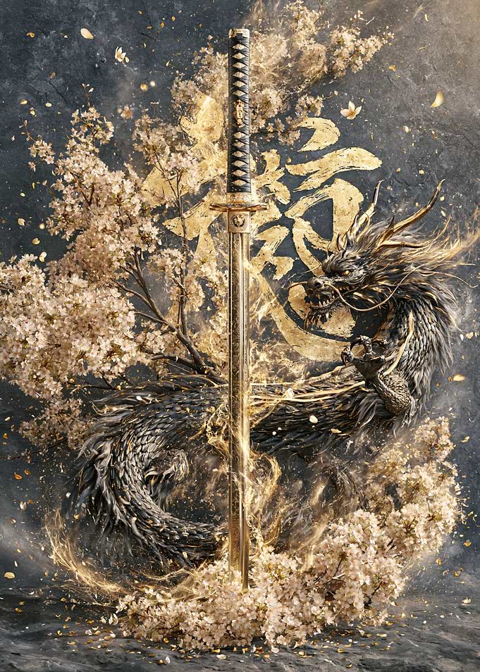 Golden Dragon and Katana Art