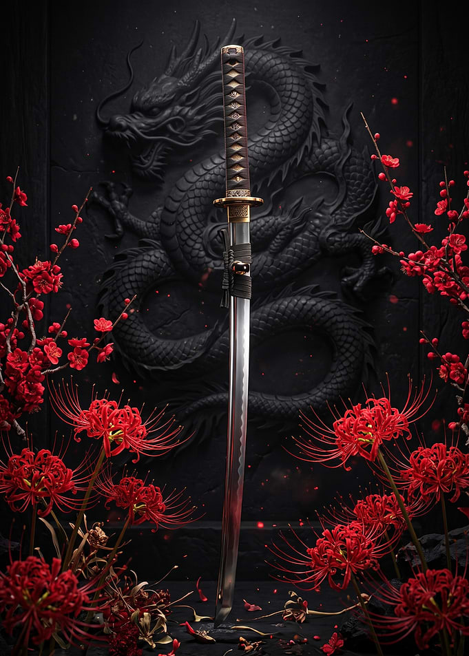 Katana Sword with Dragon and Flowers