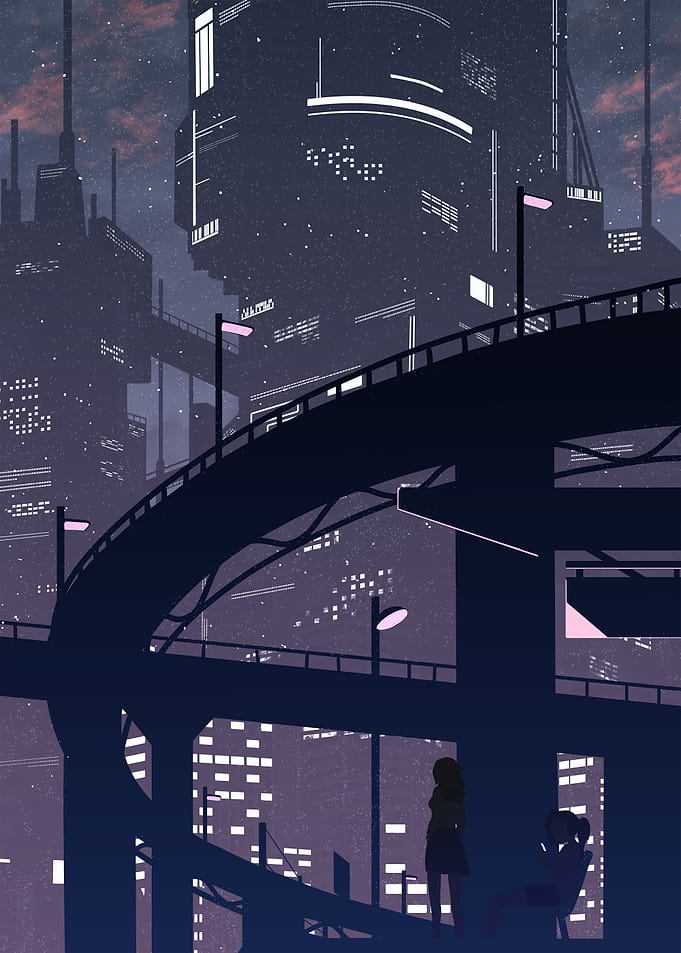 Futuristic Cityscape with Two Figures