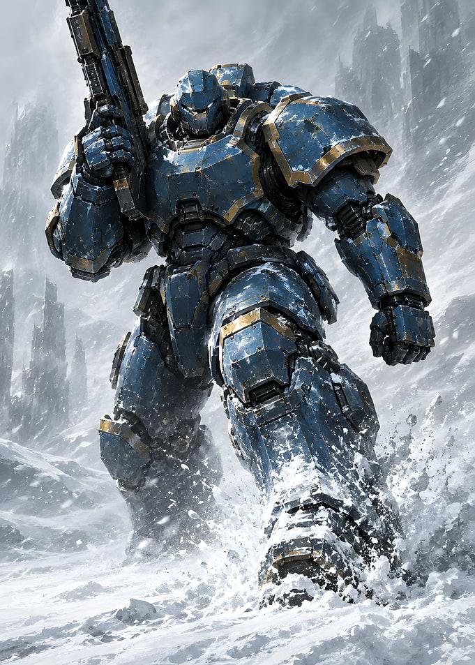 Blue Armored Soldier in Snow