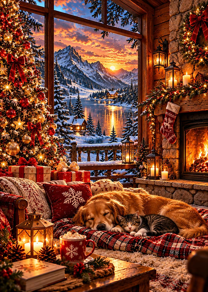 Cozy Christmas Cabin with Sleeping Pets
