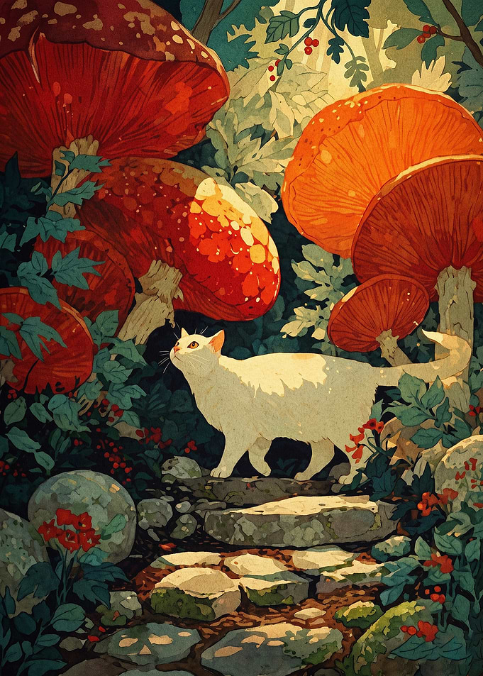 Cat Mushroom Forest Fantasy Art Pos