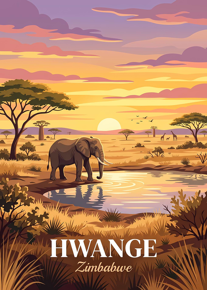 Hwange National Park Zimbabwe Travel Poster