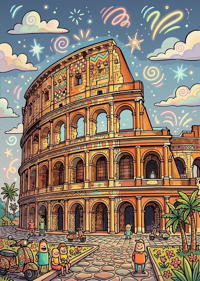 Whimsical Doodle Cartoon Illustration of the Colosseum