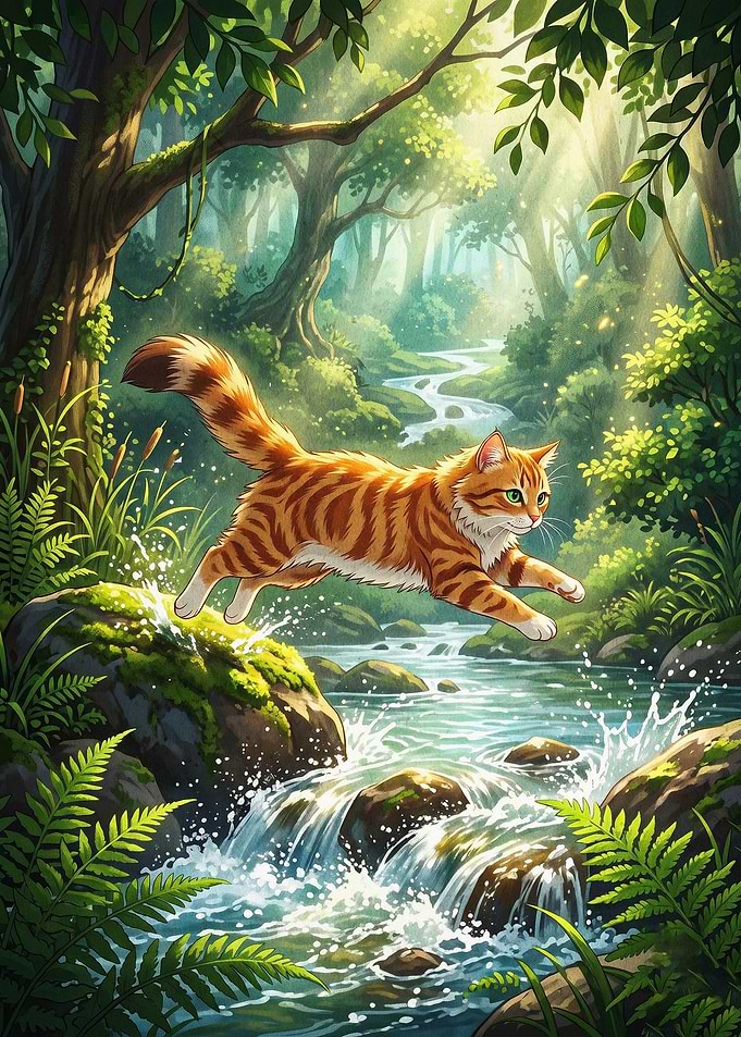 Tabby Cat River Forest Art Poster