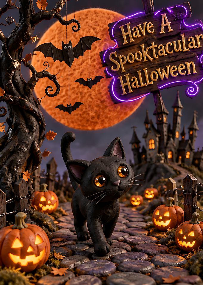 Cute Black Cat Halloween Scene