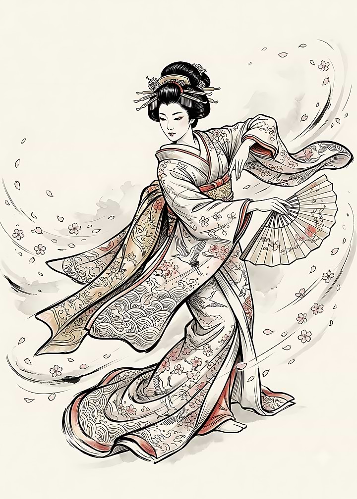 Elegant Geisha Dancing with Fan