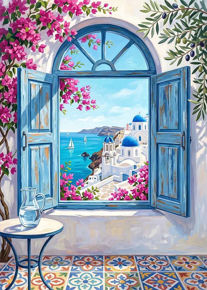 Santorini Window View Painting