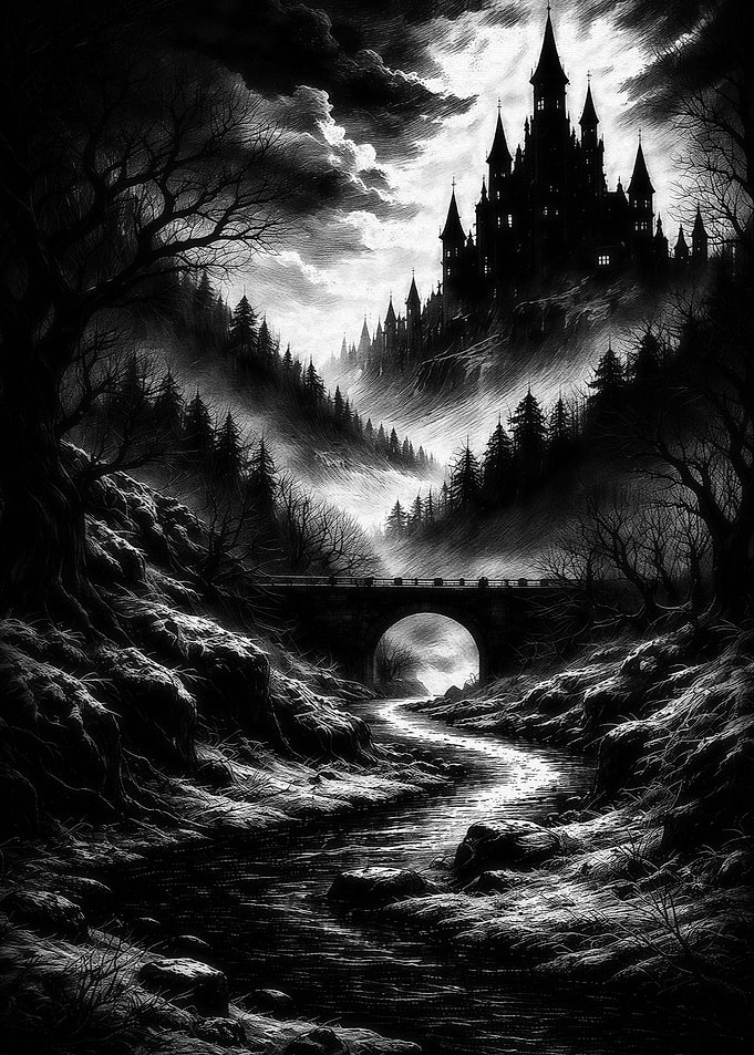 Atmospheric Monochrome Valley with Winding Stream and Castle Above the Mist