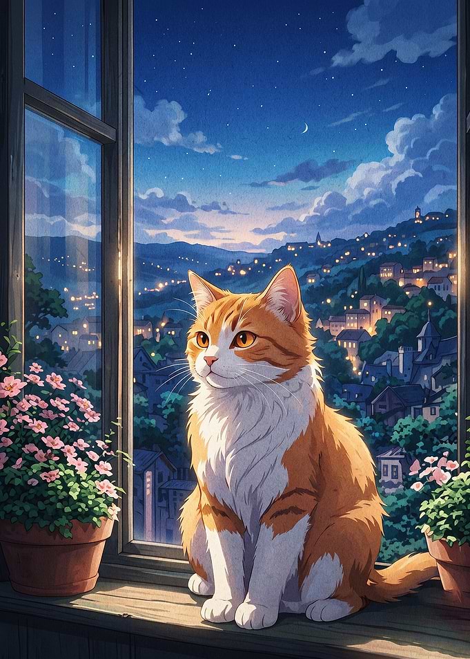 Cat Window Night Scenery Cute Art