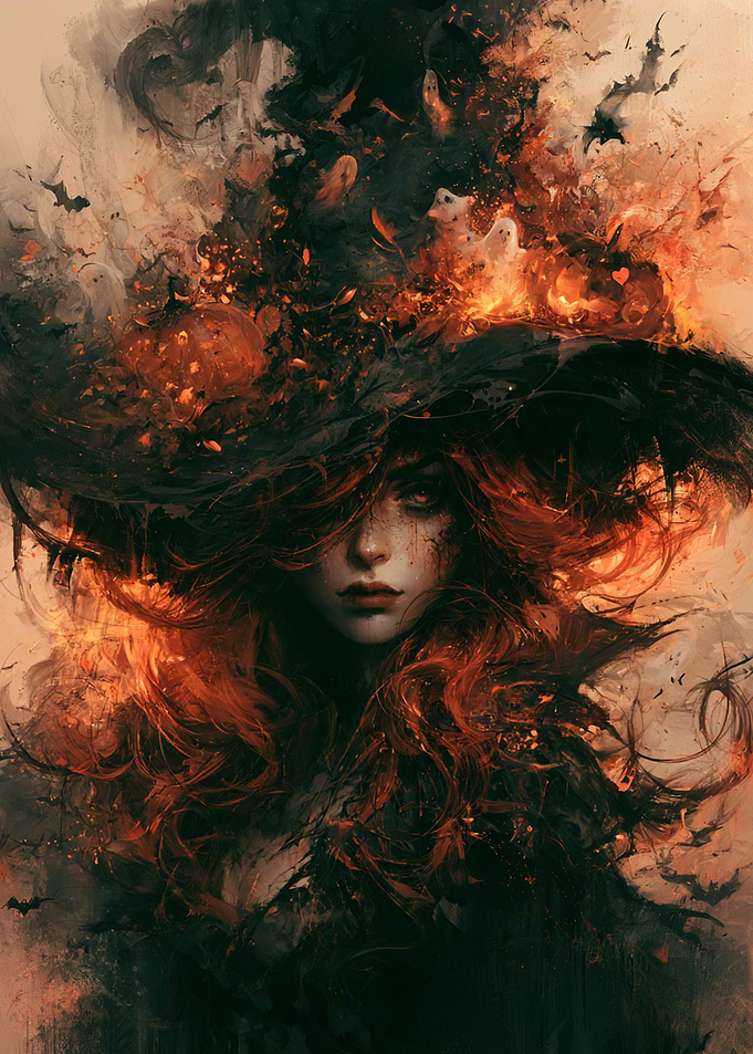 Ethereal Witch with Fiery Halloween Elements