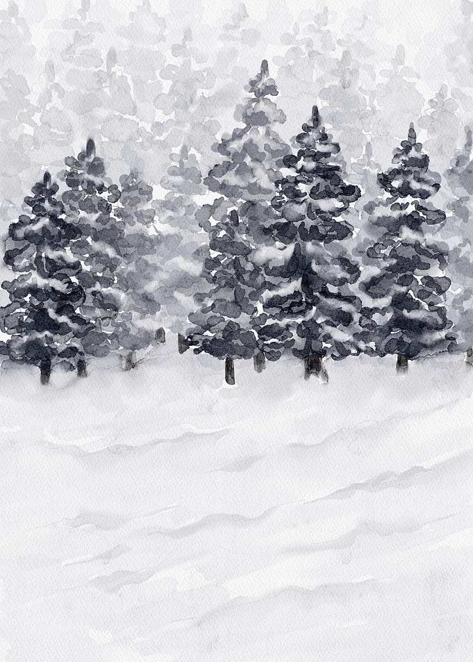 Watercolor Winter Forest Landscape