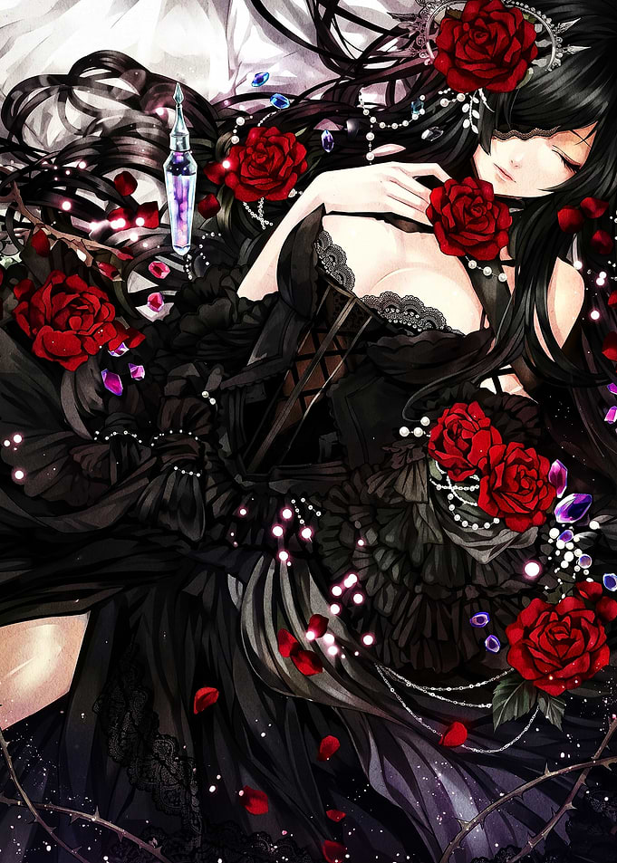 Gothic Anime Girl with Red Roses