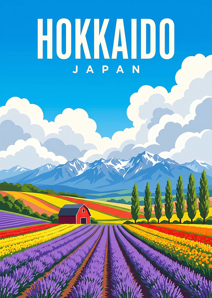 Hokkaido Japan Flower Field Travel Poster