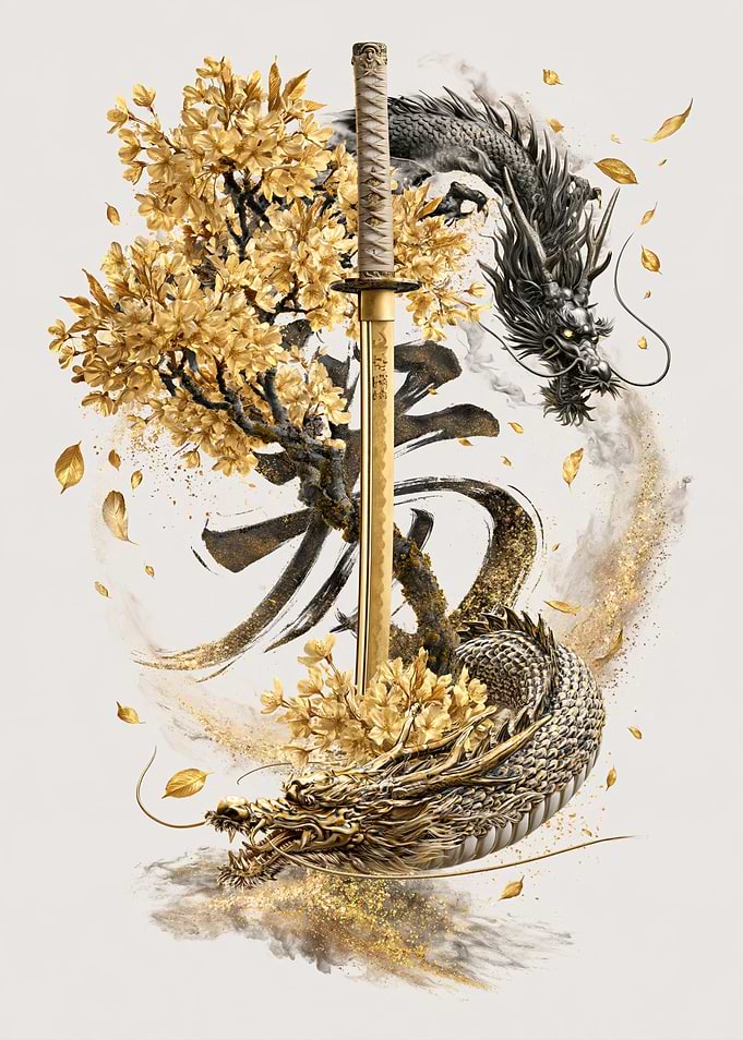 Golden Dragon and Katana Art