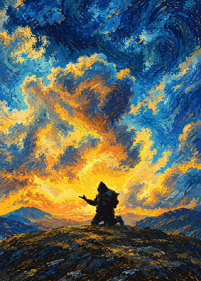 Kneeling Figure Under Swirling Sky