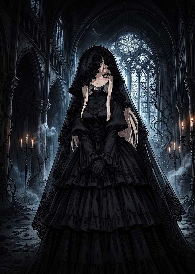 Gothic Anime Girl in Cathedral