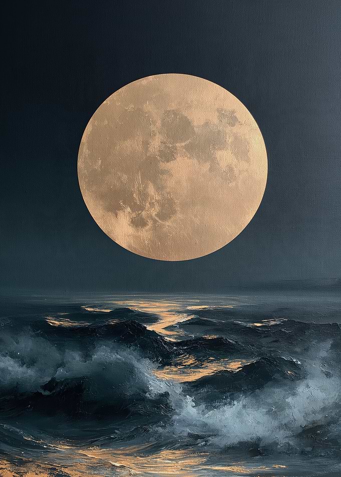 Pale Full Moon Over a Dark Rough Sea, Moody Seascape Painting